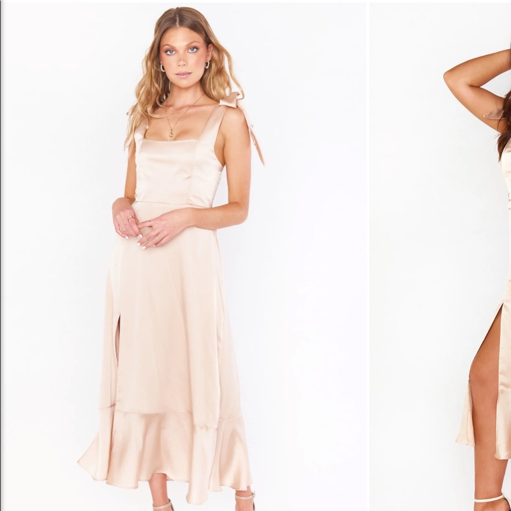 Claire Midi Dress in Champagne Luxe Satin- Show Me Your MuMu